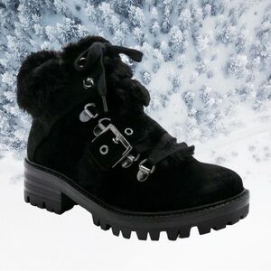 𝅺kendall + KYLIE Black Suede Edison Faux Fur Lace Up Ankle Hiking Booties Sz 6